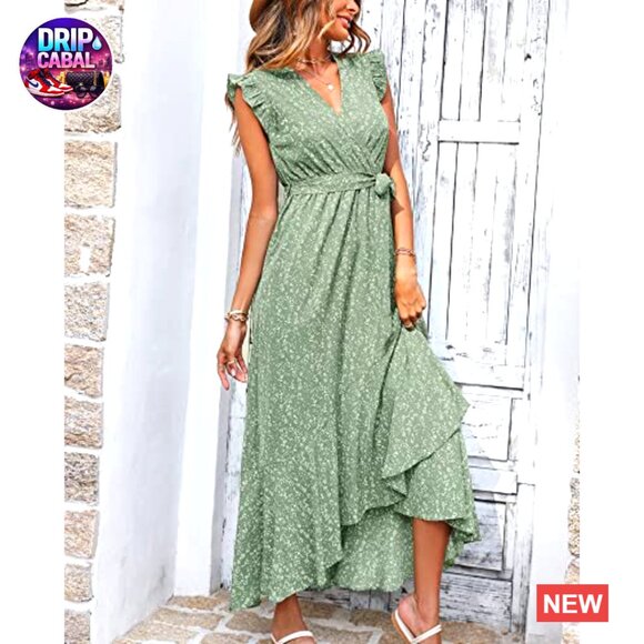 Polyester & Elastane Maxi Dress with V-Neck, Ruffle Sleeves, and Wrap Belt - Picture 3 of 7